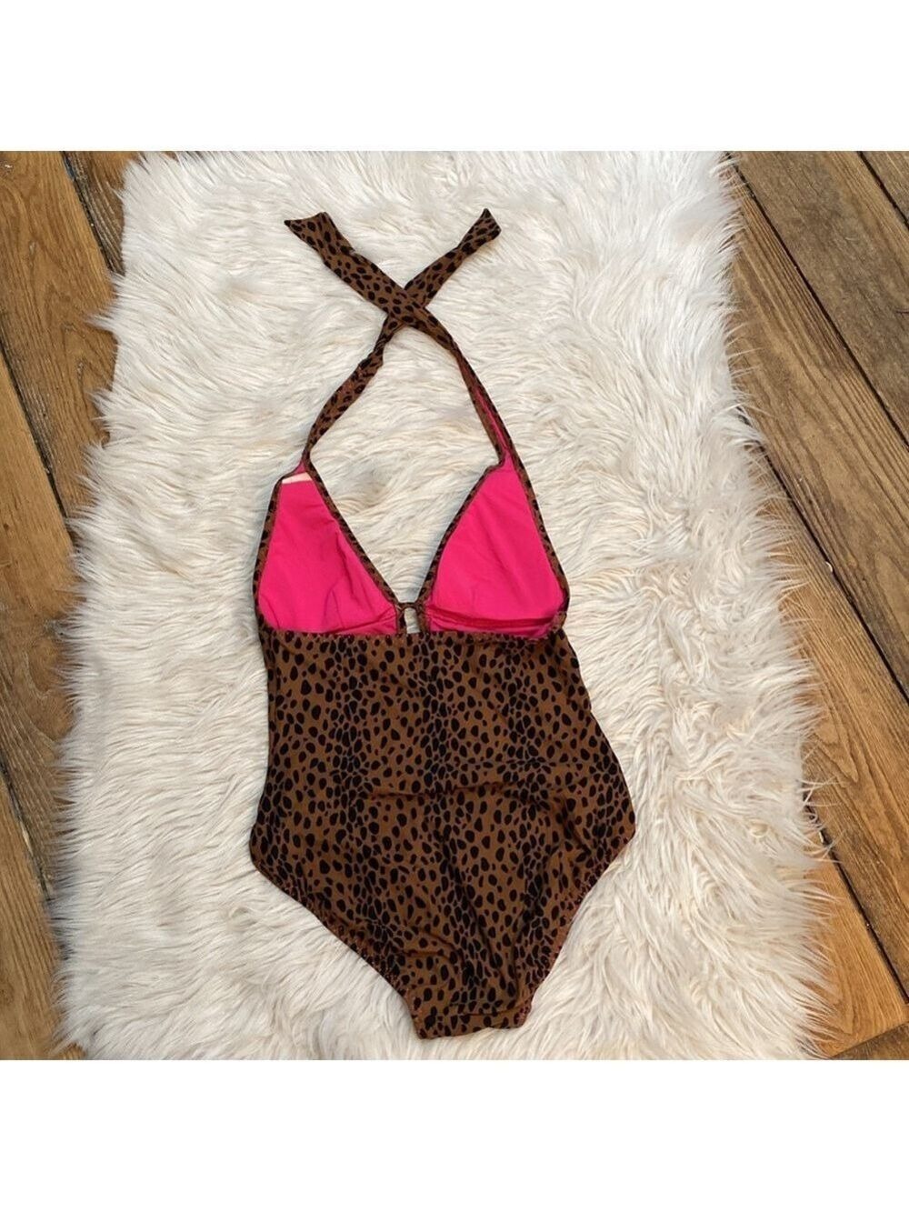 DKNY Leopard Print Plunge Neck One-Piece Swimsuit, Size 10 - Picture 9 of 16
